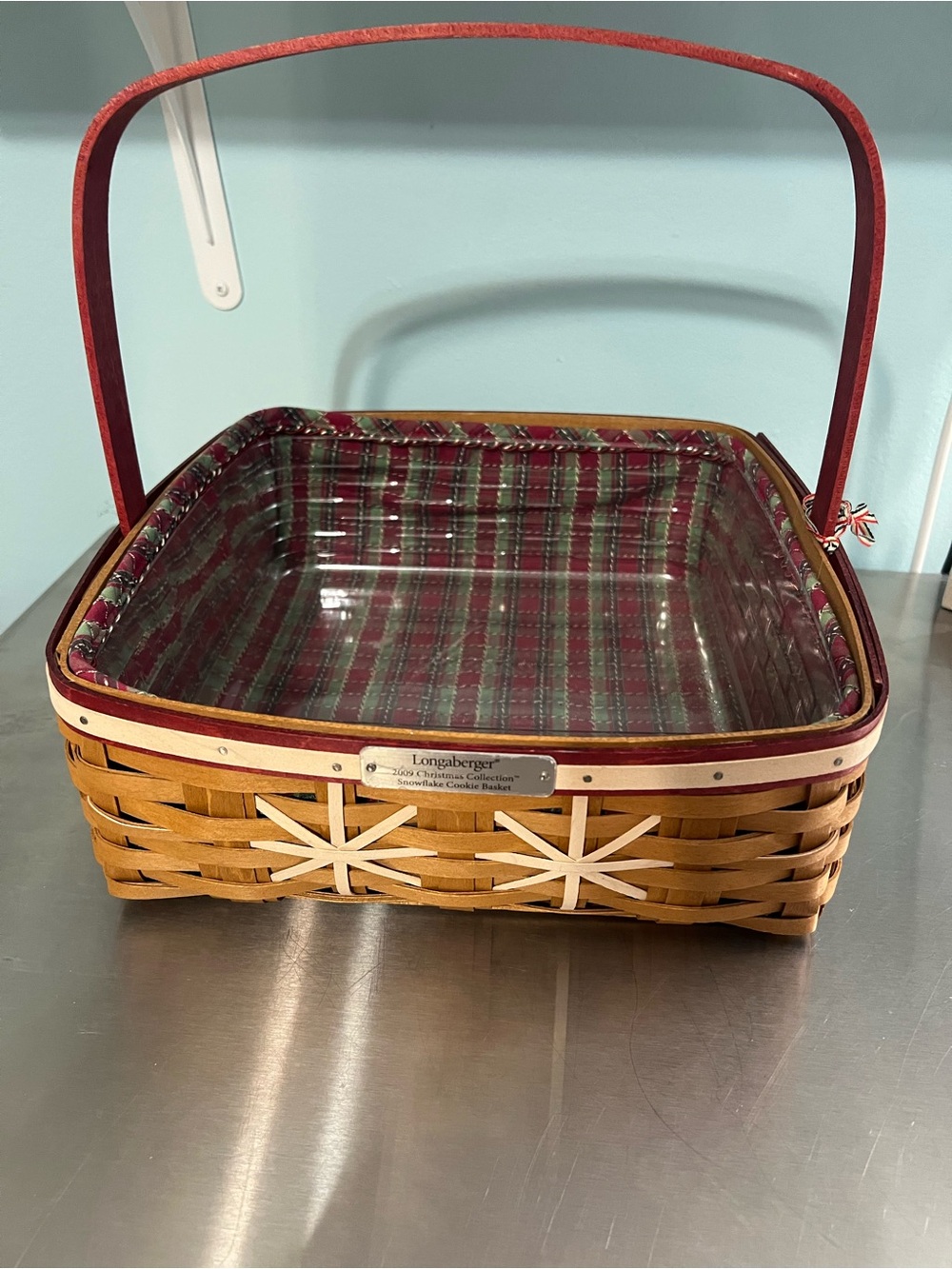 Longaberger Red Plaid Square Woven Basket with Wooden Handle